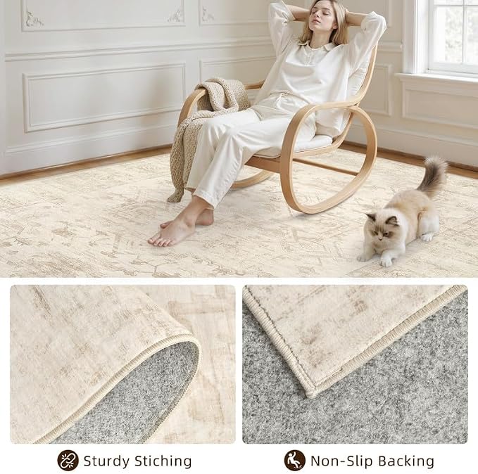 Round Area Rug Living Room: 8ft Washable Carpet Beige/Brown | Vintage Boho Circle Soft Large Circular Carpet Bedroom Nursery Neutral Dining Room Indoor Decor Floor Non-Slip Under Table