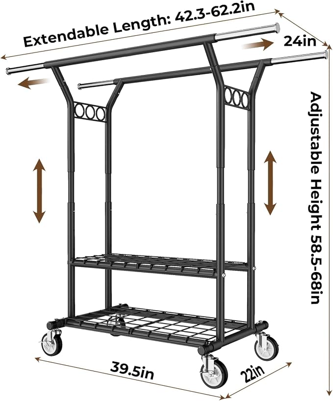 HYSEYY Heavy Duty Clothes Rack, Rolling Clothing Rack With Shelves Load 620 LBS, Double Rod Clothing Racks for Hanging Clothes, Portable& Adjustable Clothes Rack with Wheels,Black
