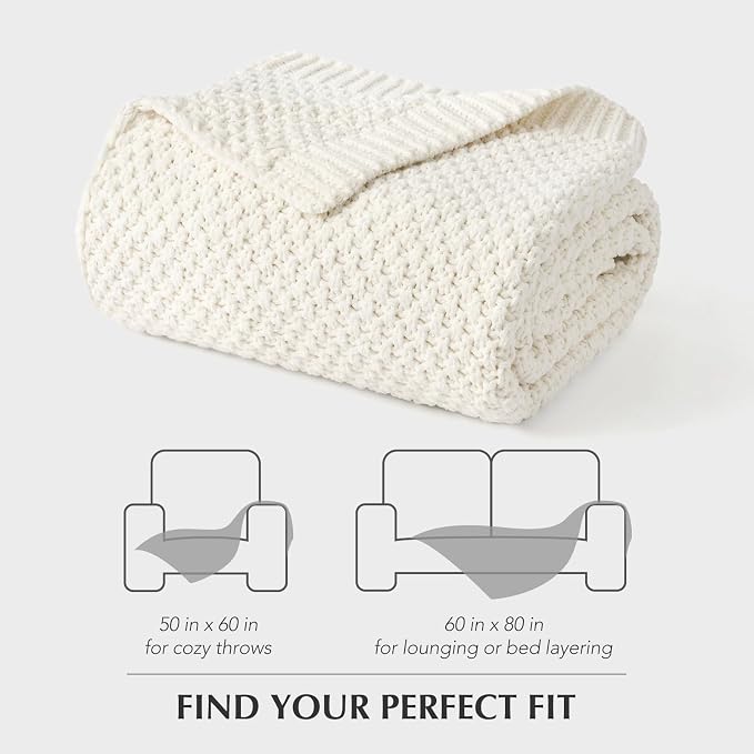 EVERGRACEHOME Chunky Chenille Knit Throw Blanket, 60 x 80, Bright White | Sculpted Moss Stitch, Chic Modern Farmhouse, All-Season Warmth, OEKO-TEX® Certified, Elegant Blanket for Couch, Bed, Sofa