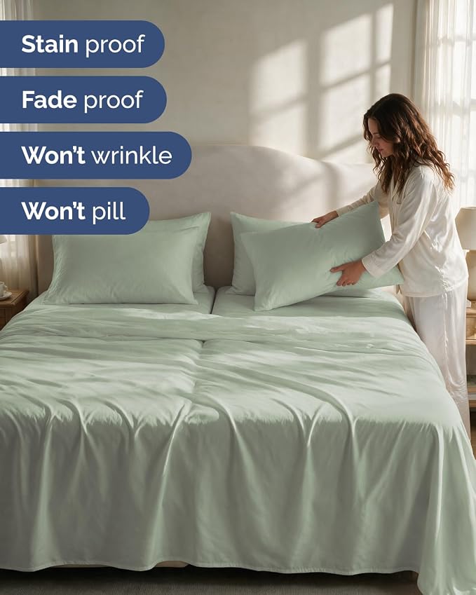 Split King 7 Piece Bed Sheet Set - Comfy, Breathable & Cooling - Eucalyptus | Ultra-Soft Hotel Luxury Bedding Set w/ 8-16 Inch Deep Pockets, 1 Flat & 2 Fitted Sheet & 4 Pillowcases, Wrinkle & Fade Free