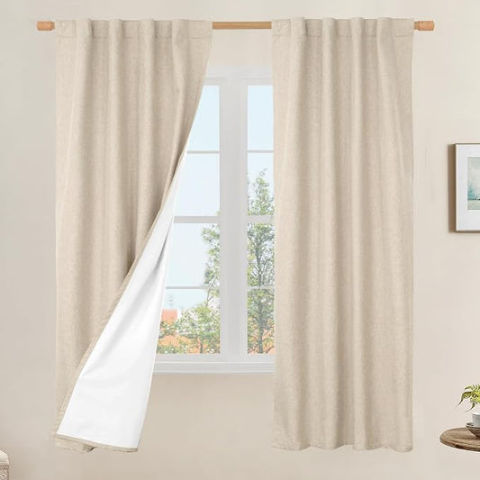 100% Blackout Linen Curtains 63 Inches with White Liner 2 Panels | Linen Textured, Thermal Bedroom Curtains, Privacy Protected, Panels for Farmhouse, Rod Pocket Back Tab, Linen, 38 x 63 Inch