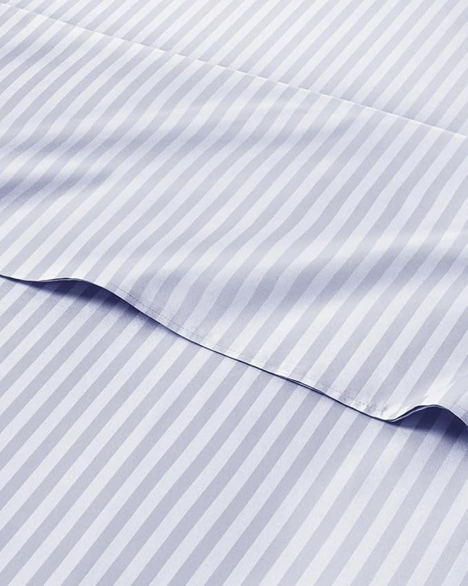 King 4 Piece Striped Sheet Set - Soft, Breathable & Cooling - Blue Sky | 1 Flat, 1 Fitted & 2 Pillowcases w/ Deep Pockets, Luxury Striped Bedding, Soft, Breathable & Cooling, Wrinkle & Fade Free