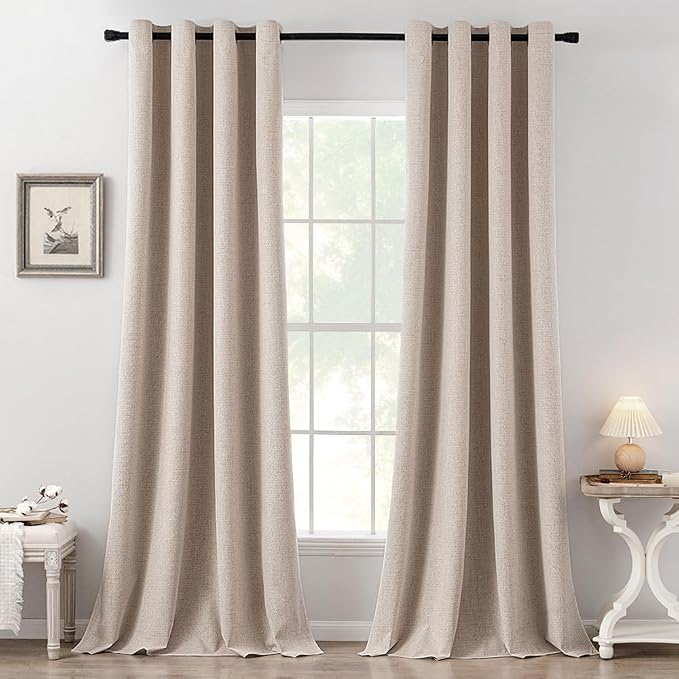 MIULEE 100% Blackout Linen Curtains for Bedroom 52x104 Inches Natural Beige | Room Darkening, Light Blocking, Thermal Insulated, Grommet Top, Linen Textured, Window Curtains for Living Room, 2 Panels
