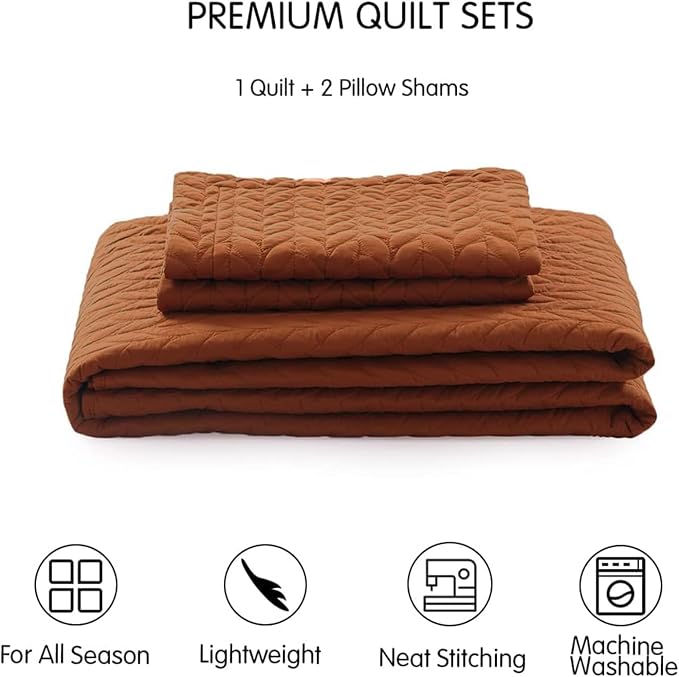 SunStyle Home Twin Quilt Set, Lightweight Bedding Bedspreads,Brunt Orange | Soft Coverlet With 2 Pillow Shams,Morden Style Quilts for All Season,Suitable for Bed,Couch,Bedroom,Guest Room,68"X86"
