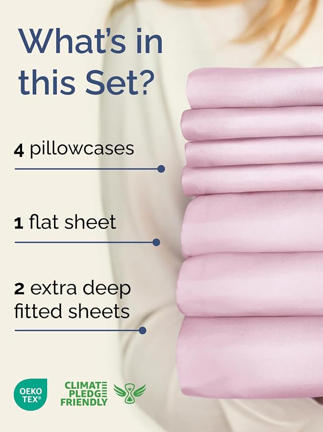 Extra Deep Split King Sheet Set - 7 Piece Breathable & Cooling - Light Pink | Hotel Luxury Bed Sheets Set, Easy & Secure Fit, Ultra-Soft, Wrinkle & Fade Free, Comfy Sheets Set with Extra Deep Pockets