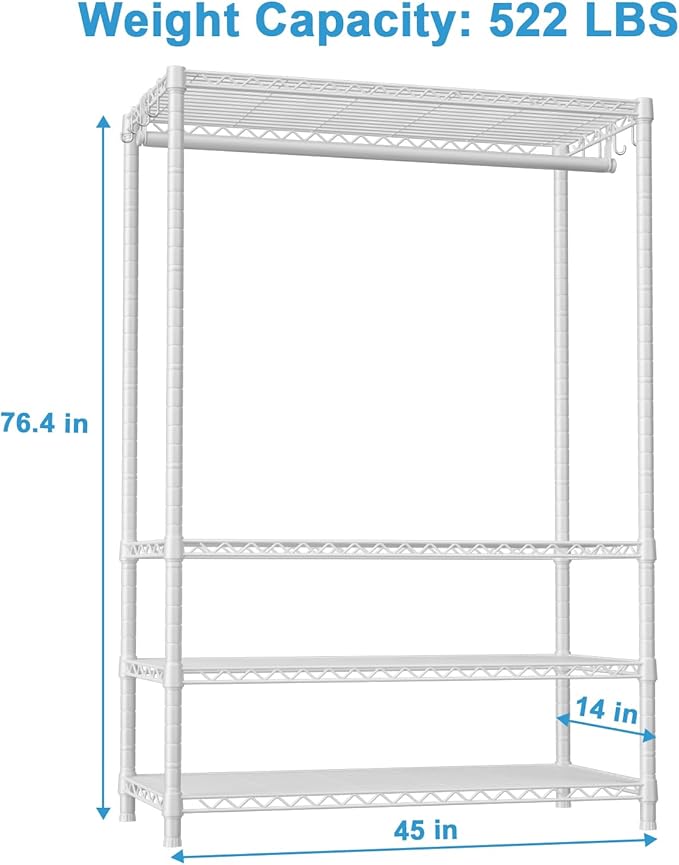 Ulif H4 Plus Garment Rack, 4-Tier Portable Clothes and Clothing Rack for Bedroom and Cloakroom, Closet Storage and Organizer Wardrobe System, 45" W x 14" D x 76.4" H, Load 522lbs, White | Heavy-Duty Metal Clothing Storage and Organizer Wardrobe System ...