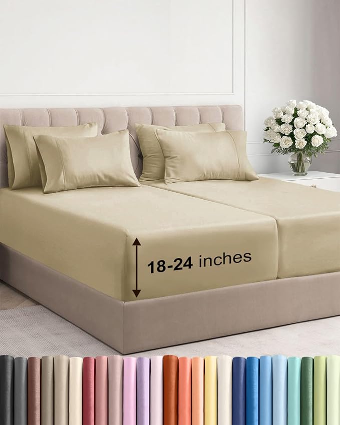 Extra Deep Split King Sheet Set - 7 Piece Breathable Cooling Sheets - Beige | Hotel Luxury Bed Sheets Set, Easy & Secure Fit, Ultra-Soft, Wrinkle & Fade Free, Comfy Sheets Set with Extra Deep Pockets