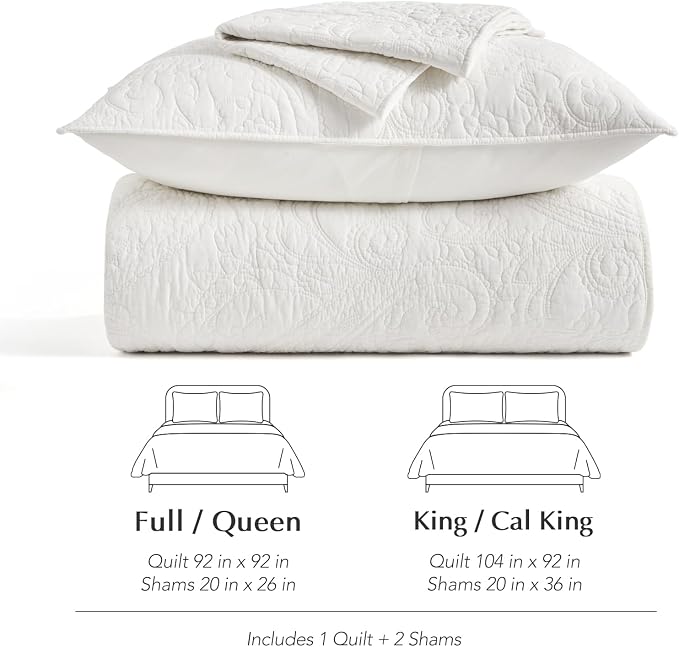 EVERGRACEHOME 100% Cotton Paisley Quilt Set, King Size, Bright White | Prewashed for Softness, Year-Round Breathability, Gift-Ready Box, Matelasse-style Quilted Coverlet, 3 Piece Set with 2 Shams