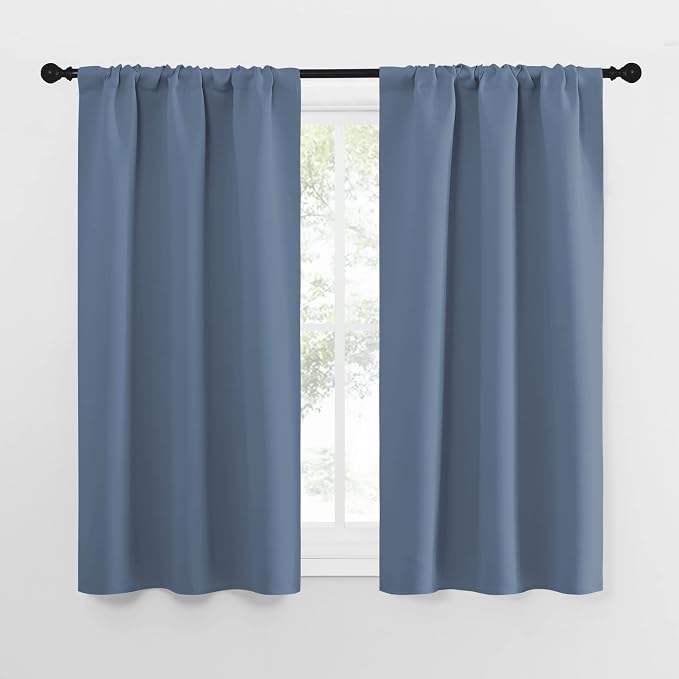 NICETOWN Kitchen Curtains, Short Blackout Curtains & Drapes, Small Window Rod Pocket Draperies for Bedroom (Stone Blue, 34 in x 54 in (W x L), Set of 2)