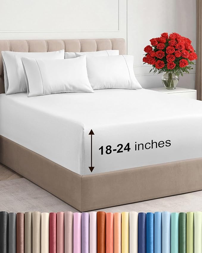 Extra Deep Cal King Sheet Set - 6 Piece Breathable & Cooling Sheets - White | Hotel Luxury Bed Sheets Set, Easy & Secure Fit, Ultra-Soft, Wrinkle & Fade Free, Comfy Sheets Set with Extra Deep Pockets
