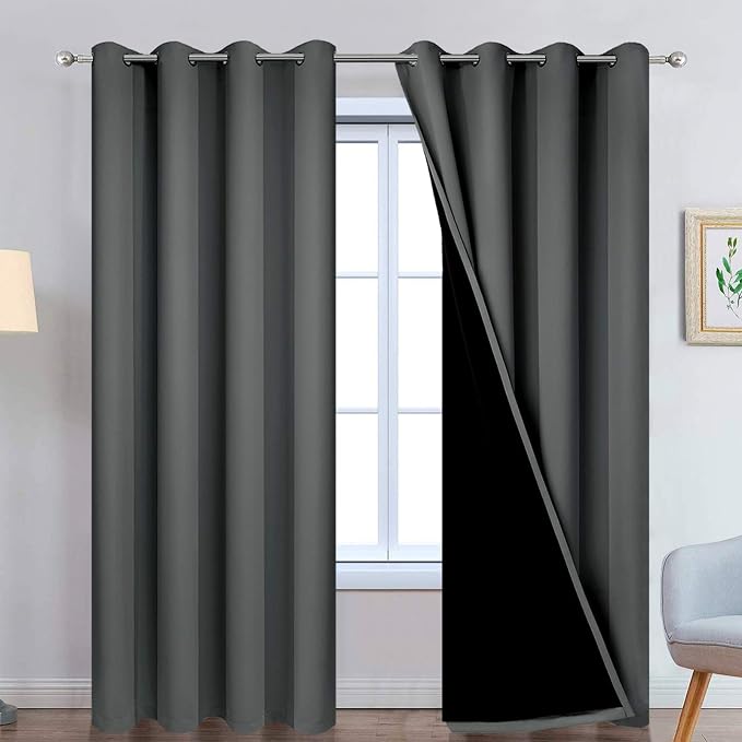 Yakamok Dark Grey 100% Blackout Curtains 96 Inches Long 52" Wide 2 Panels | Blackout Curtain Panels for Bedroom, 2 Thick Layers Grommet Top Thermal Insulated Drapes with Black Liner for Living Room