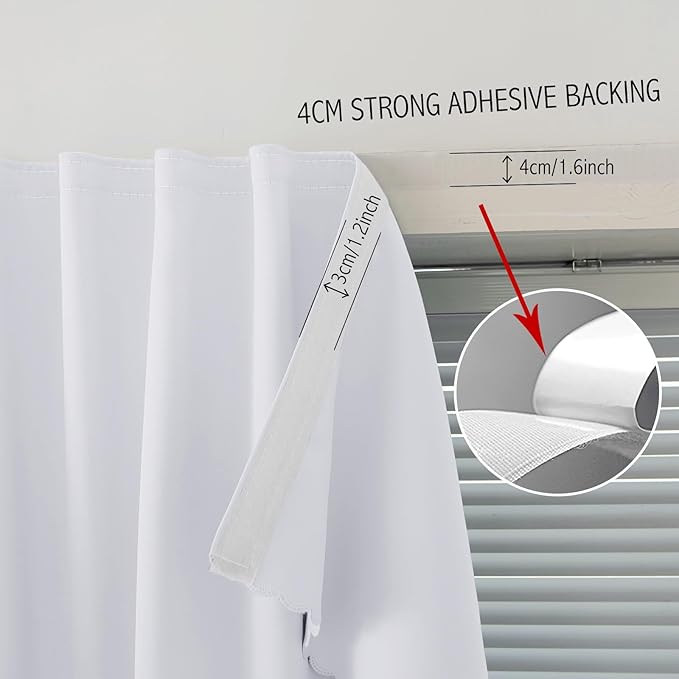 self Adhesive Curtains Portable Blackout Curtain Simple and Easy to Install Bedroom Window Thermal Lnsulated Kitchen Room Darkening Black Small Drapes, 59" W X 71" L, White, 2 Panels