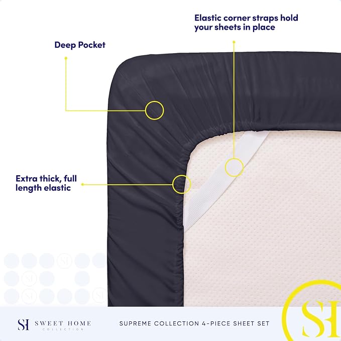 RV Queen Bed Sheets - Breathable Luxury Sheets with Full Elastic & Secure Corner Straps Built In - 1800 Supreme Collection Extra Soft Deep Pocket Bedding Set, Sheet Set, RV Short Queen, Navy