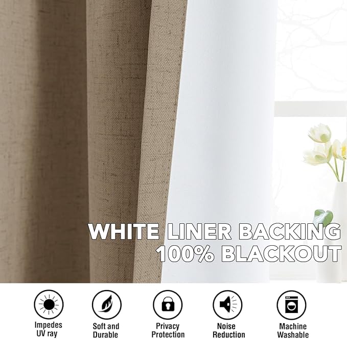 H.VERSAILTEX Linen Curtains 100% Blackout Curtains for Bedroom 120 inch Long Full Light Blocking Nature Linen Blended Window Curtains for Living Room Nickel Grommet (2 Panels, Heathered Macchiato)