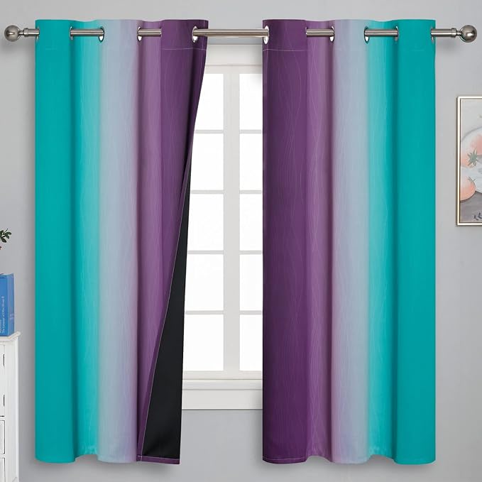 Ombre Teal and Purple Blackout Curtains for Kids Bedroom | Room Darkening Thermal Insulated Gradient Curtains, Full Light Blocking Grommet Drapes for Living Room,42Wx63L Inch, 2 Panels