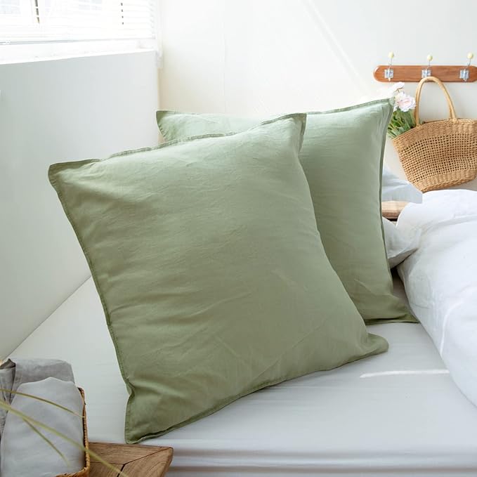 Simple&Opulence 100% Washed Linen Euro Shams 26'' x 26'' Pack of 2, Basic Style Solid Color Natural Flax Farmhouse Decorative Square Throw Pillow Covers for Bed Couch Sofa - Sage Green