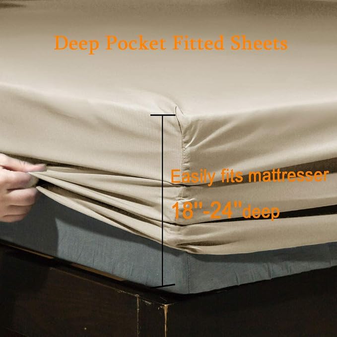 SONORO KATE Bed Sheet Set Super Soft Microfiber 1800 Series Luxury Egyptian Sheets Fit 18-24 Inch Deep Pocket Mattress Wrinkle-6 Piece (Beige, Queen)