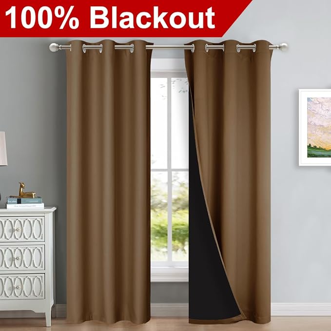NICETOWN Blackout Curtains 84 inches Long, 2 Pieces, 42" Wide Each Panel, Gold Brown, Full Light Blocking Drapes with Black Liner for Nursery, Thermal Insulated Draperies for Hall, Villa