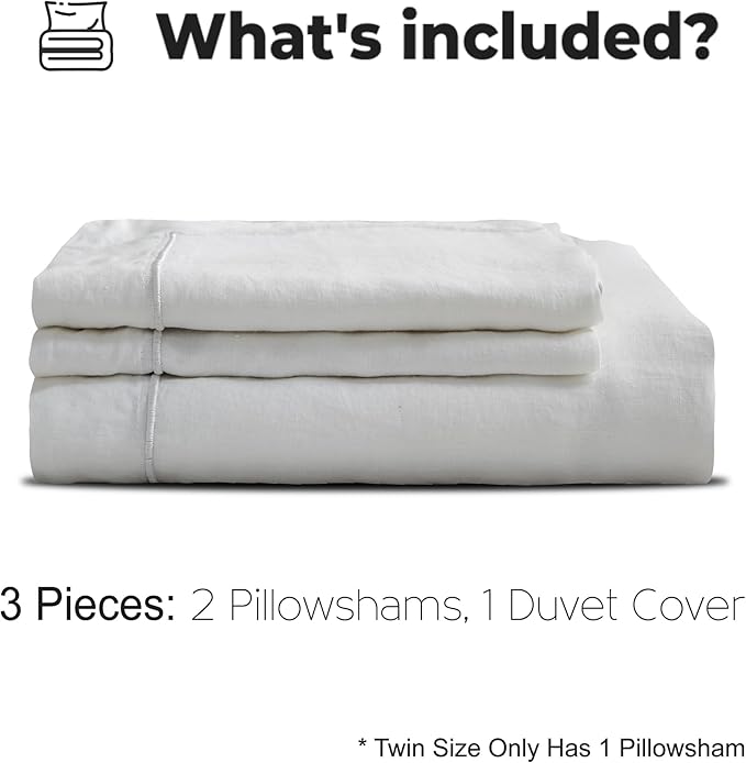 Simple&Opulence 100% French Linen Duvet Cover Set with Embroidered,3 Pcs Washed Soft Farmhouse Bedding Set with Button Closure,1 Comforter Cover and 2 Pillowshams(Queen,White)