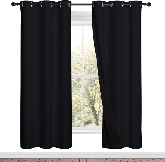 NICETOWN Black Blackout Curtains for Nursery 42" Wide x 72" Long 2 Panels | 100% Room Darkening Full Light Blocking Drapes with Black Liner, Thermal Insulated Bedroom Kitchen Draperies Home Decor