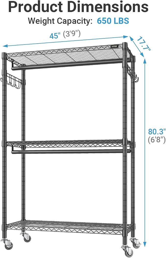 VIPEK R2 Plus Clothes Rack Heavy Duty Rolling Closet for Hanging Clothes | Lockable Silent Wheels, Double Hanging Rods, Adjustable Wire Shelving, Metal Side Hooks, Load 650lbs, for Bedroom/Home, Black