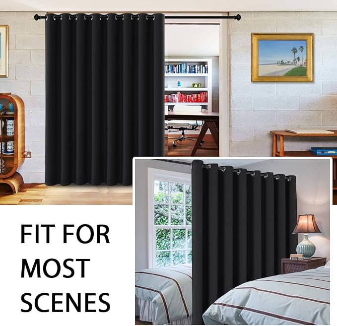 H.VERSAILTEX 100% Blackout Curtains for Sliding Glass Door Room Divider Curtains Noise Reduce Curtain Panel Portable Window Screen Sliding Partition, W120 x L96 inches/8' Tall by 10' Wide, Black