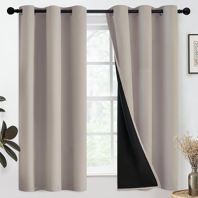 SimpleHome Natural 100% Blackout Curtains Room Darkening Living Room 63L | Curtains for Bedroom,Thermal Insulated Grommet Window Drapes,Curtains for Living Room with Black Back,38 x 63 Inch,2 Panels