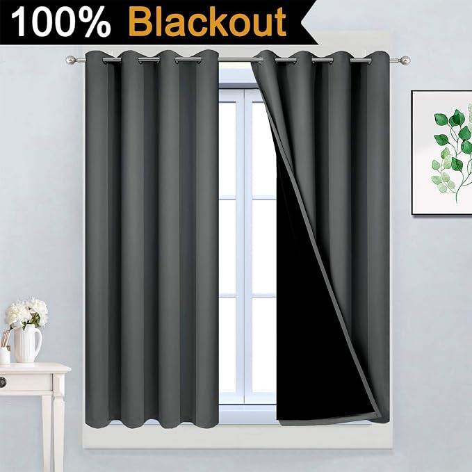 Yakamok Dark Grey 100% Blackout Curtains 45 Inches Long 52" Wide 2 Panels | Blackout Curtain Panels for Bedroom, 2 Thick Layers Grommet Top Thermal Insulated Drapes with Black Liner for Living Room