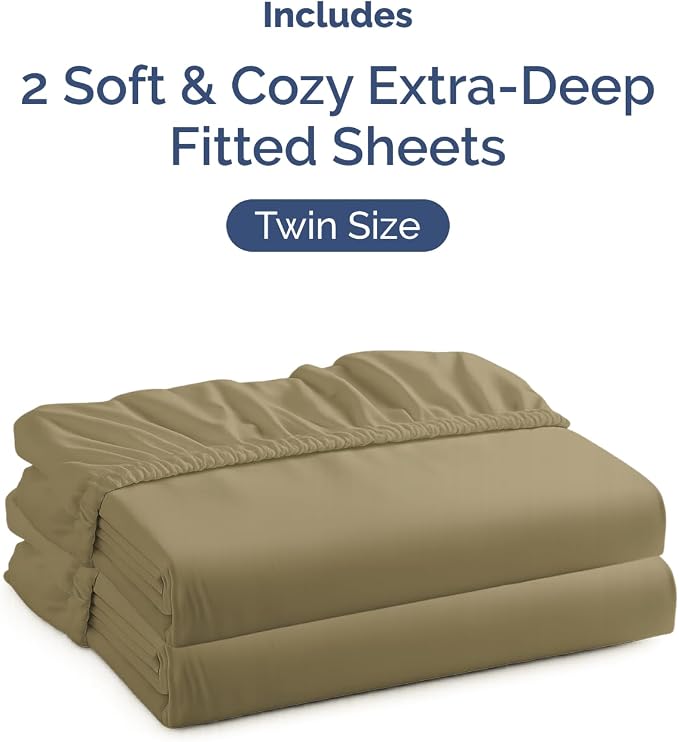 2 Pack Extra Deep Twin Fitted Sheets with Extra Deep Pockets - Khaki | Hotel Luxury Bottom Fitted Sheets Only, Soft, Fade & Wrinkle Free, Breathable & Comfy, All Around Elastic Fitted Sheets