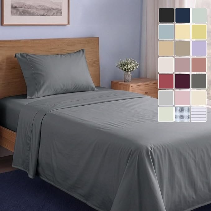 LANE LINEN Twin XL Sheet Set 100% Organic Cotton Cooling Soft - Charcoal | Twin XL Sheet Set, GOTS Certified Organic Cotton Percale - Crisp Hotel-Style Feel, Soft From The First Wash, For Hot Sleepers