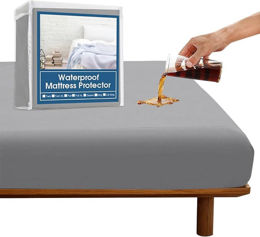 Full Size Waterproof Mattress Protector Cover Pad, Full Fitted Sheet | Deep Pocket up to 14’’, Bed Fitted Sheet, Grey Color