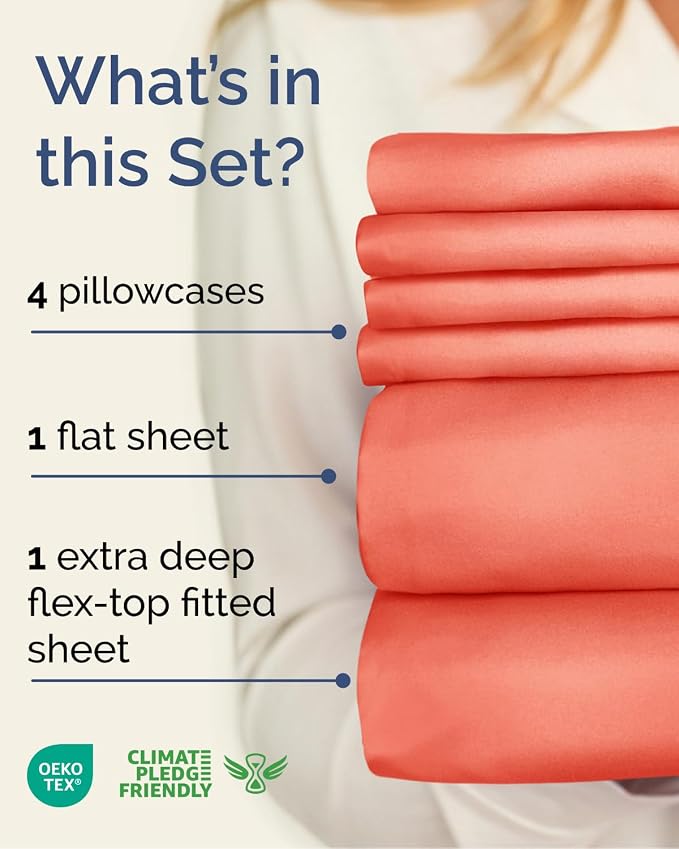 Flex Top Split Head King 6 Piece Sheet Set - Breathable & Cooling - Coral | Ultra Soft Hotel Luxury Bedding Set w/ 8-16 Inch Deep Pockets, 1 Flat & 1 Split-Head Fitted Sheet & 4 Pillowcases, Fade Free