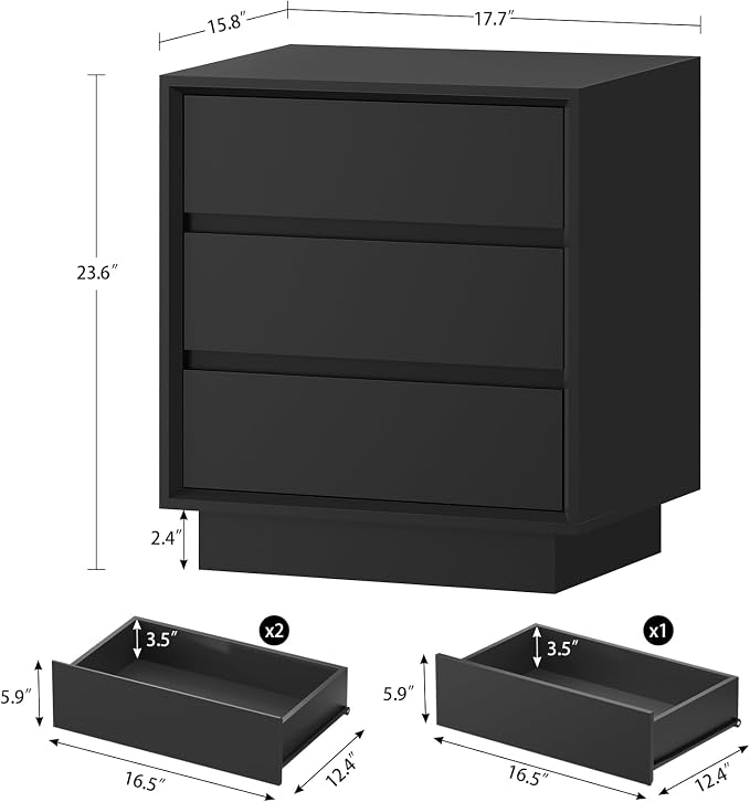 TEENFON Night Stand with 3 Drawers, Nightstand Side Table with Cut-Out Handle, Bedside End Table for Bedroom, Black, 17.7″ L × 15.7″ W × 23.6″ H
