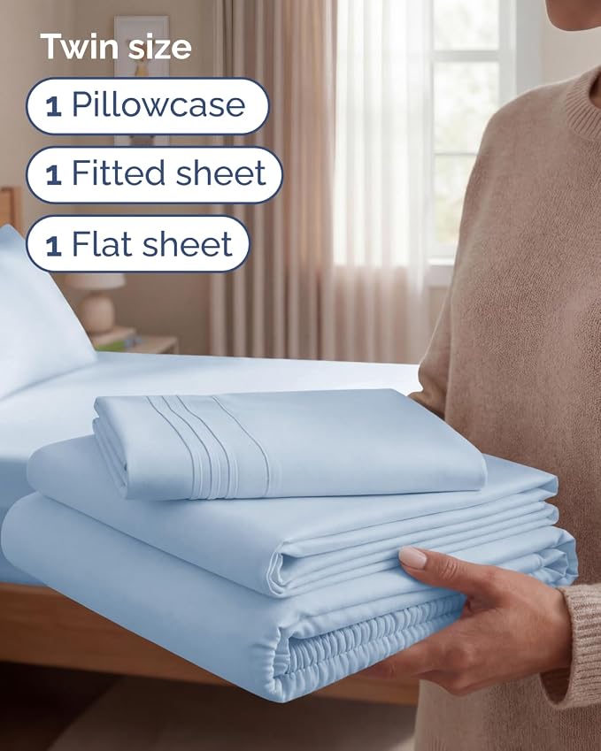 Twin Size 3 Piece Sheet Set - Comfy Breathable & Cooling Sheets - Sky Blue | Hotel Luxury Bed Sheets for Women & Men, Deep Pockets, Easy-Fit, Extra Soft and Wrinkle Free Sheets, Oeko-Tex Bed Sheet Set