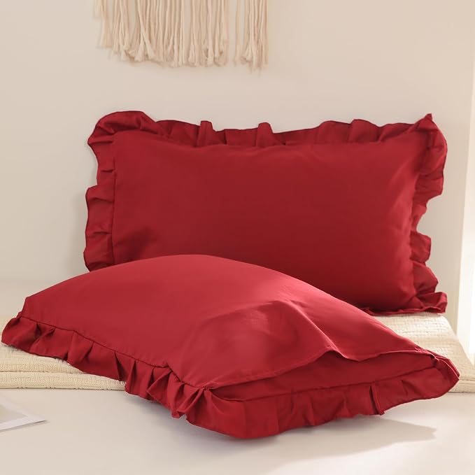 Burgundy Pillow Shams Cute Ruffle Queen Pillowcases Solid Pillow Cover Set of 2 Shabby Chic Soft Red Pillowcases 2 Pack (Queen (20''x30''), Burgundy)