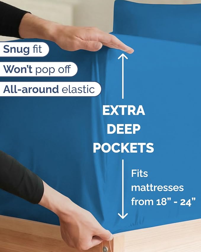 Extra Deep Twin XL Sheet Set - 3 Piece College Dorm Room - Denim Blue | Soft, Breathable & Cooling, Easily Fits 18 to 24 inch Mattress, Wrinkle Free & Fade Resistant with Extra Deep Pockets