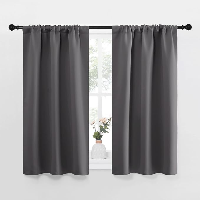NICETOWN Grey Blackout Curtains for Bedroom 34" Wide x 45" Long 2 Panels | Home Decoration Thermal Insulated Rod Pocket Blinds Drapes for Kitchen Small Windows, Light Blocking Room Darkening Decor