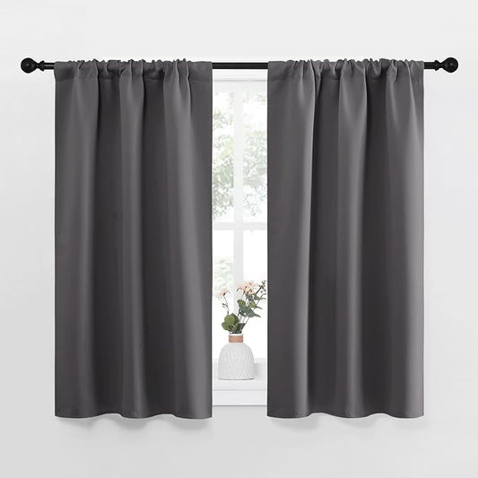 NICETOWN Grey Blackout Curtains for Bedroom 34" Wide x 45" Long 2 Panels | Home Decoration Thermal Insulated Rod Pocket Blinds Drapes for Kitchen Small Windows, Light Blocking Room Darkening Decor