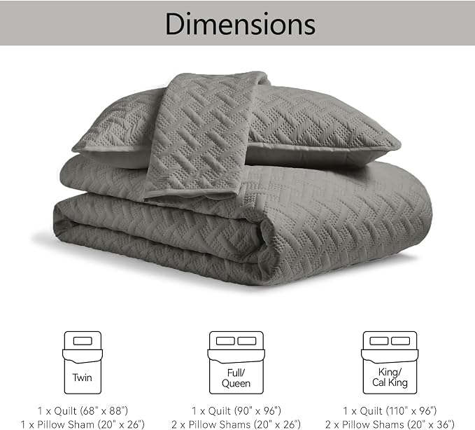 FLYMME Queen Quilt Bedding Set Dark Grey Lightweight Bedspreads Full Size,Modern Style Geometric Weave Stripe Pattern,Soft Microfiber Bed Coverlet for All Season (1 Quilt, 2 Shams)