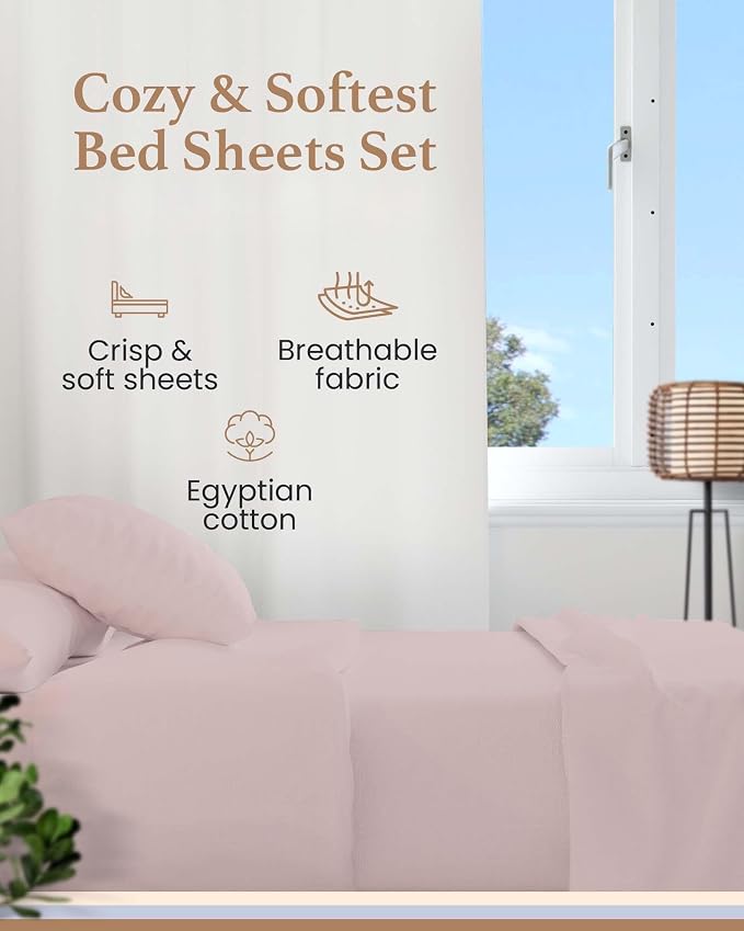 Good Sleep Bedding 100% Egyptian Cotton Queen Size Bed Sheets, 4 Piece Silky Sateen Weave, Queen Size Sheets, Ultra-Soft & Durable Hotel Luxury, 16" Deep Pocket Queen Sheet Set - Blush