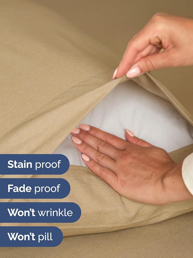 Extra Deep Split King Sheet Set - 7 Piece Cooling Sheets - Heathered Tan | Hotel Luxury Bed Sheets Set, Easy & Secure Fit, Ultra-Soft, Wrinkle & Fade Free, Comfy Sheets Set with Extra Deep Pockets