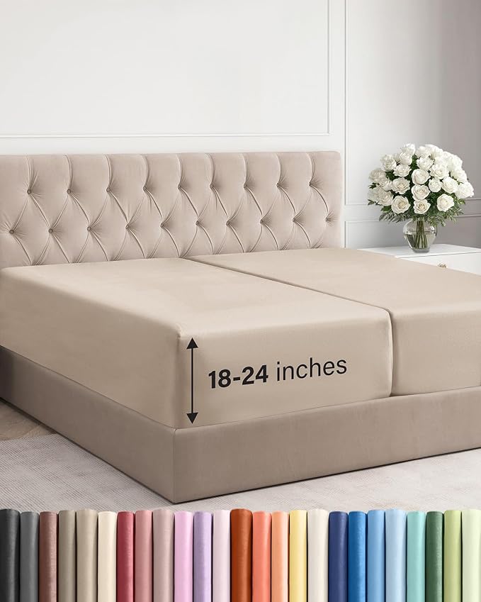 Extra Deep Split King Fitted Sheet - Single Fitted Sheet Only - Wheat | Easily Fits 18 inch to 24 inch Mattress, Soft, Wrinkle Free, Breathable & Comfy, Extra Deep Pockets Hotel Luxury Fitted Sheet