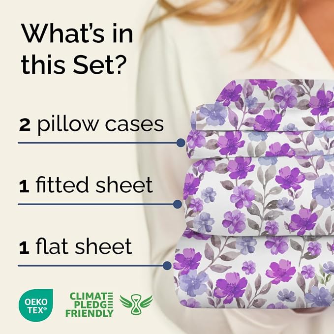 Full 4 Piece Floral Sheet Set - Soft, Breathable & Cooling - Purple Bloom | 1 Flat, 1 Fitted & 2 Pillowcases w/ Deep Pockets, Boho Botanical Floral Bedding, Breathable & Cooling, Wrinkle & Fade Free