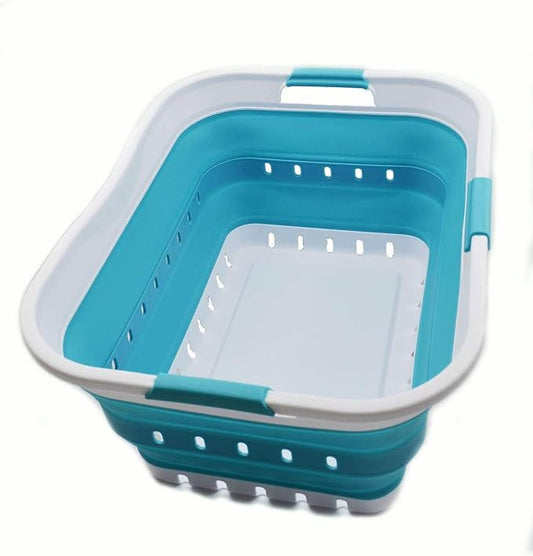 SAMMART 42L Collapsible Plastic Laundry Basket - Foldable Pop Up Storage Container/Organizer - Space Saving Hamper/Basket (1, White/Bright Blue)