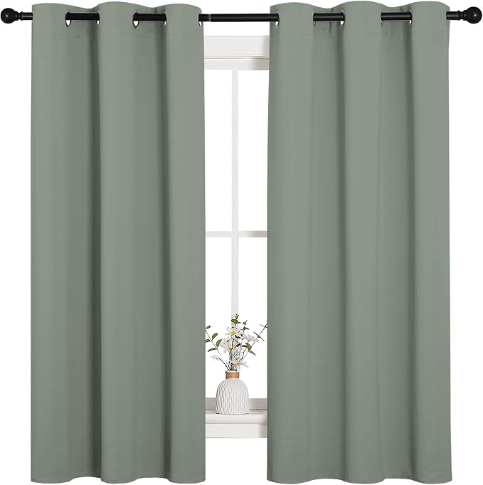 NICETOWN Sage Green Blackout Curtains for Nursery 42" w x 63" L 2 Panels | Nursery Essential Thermal Insulated Solid Grommet Top Short Drapes for Son's Room, Light Blocking Room Darkening Decor