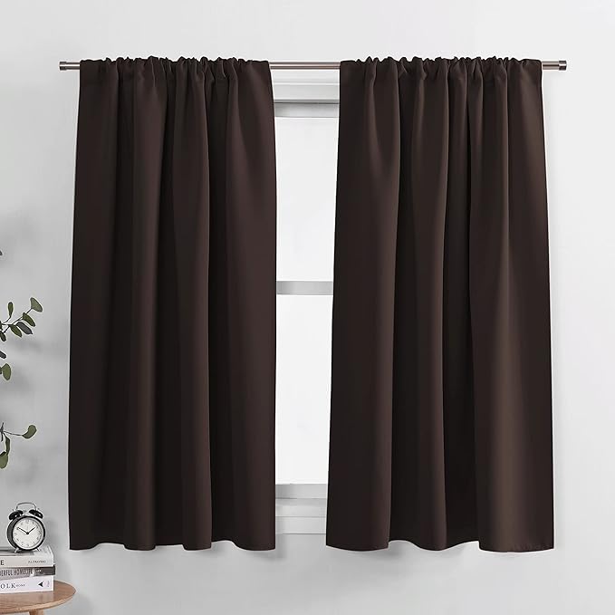 PONY DANCE RV Curtain Panels - Blackout Window Drapes Room Darkening Short Curtains Home Decoration Window Coverings with Rod Pocket, W 42 x L 45 inches, Chocolate Brown, 2 PCs