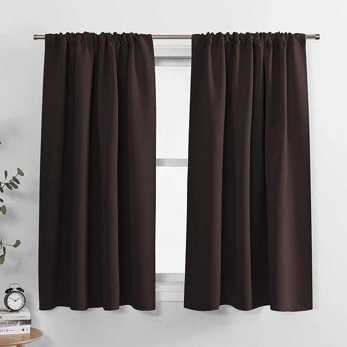 PONY DANCE Short Black Out Curtains 40 inch Long for Small Window, Rod Pocket Privacy Bathroom Draperies, Lighting Blocking Drapes for Basement(2 Panels Set,Chocolate Brown, W42 x L40 inches)