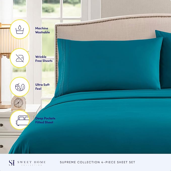 California King Sheet Sets - Breathable Luxury Sheets with Full Elastic & Secure Corner Straps Built In - 1800 Supreme Collection Deep Pocket Bedding, Sheet Set, EXTRA DEEP pocket - Cal King, Teal