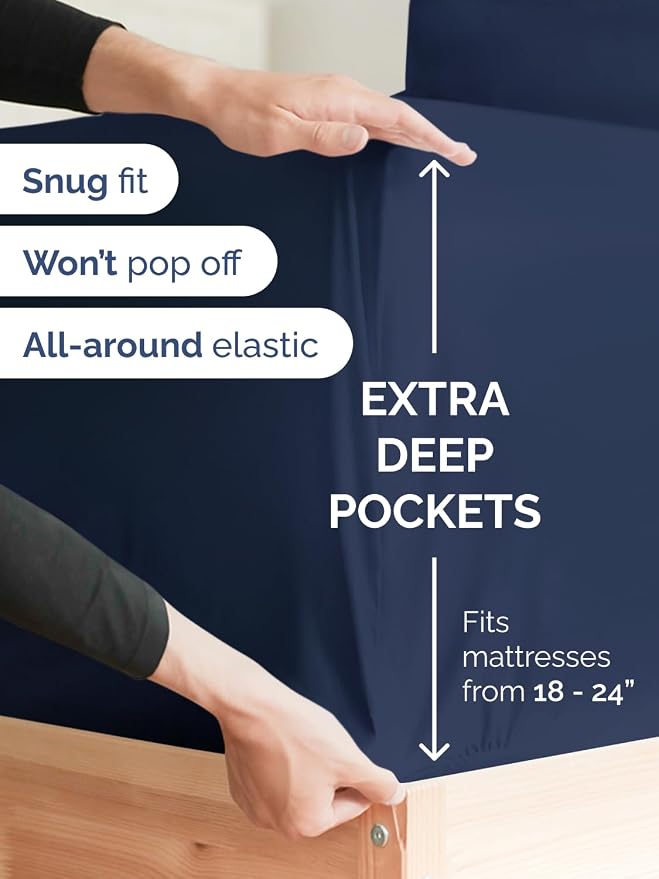 Extra Deep Twin Sheet Set - 4 Piece Breathable & Cooling Sheets - Navy Blue | Hotel Luxury Bed Sheets Set, Easy & Secure Fit, Ultra-Soft, Wrinkle & Fade Free, Comfy Sheets Set with Extra Deep Pockets
