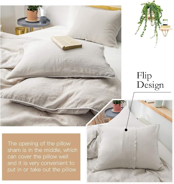 Simple&Opulence 100% Washed Linen Duvet Cover with Embroidered,3 Pieces Soft Farmhouse Comforter Set with Button Closure,1 Duvet Cover and 2 Pillowshams(Queen,Natural Linen)